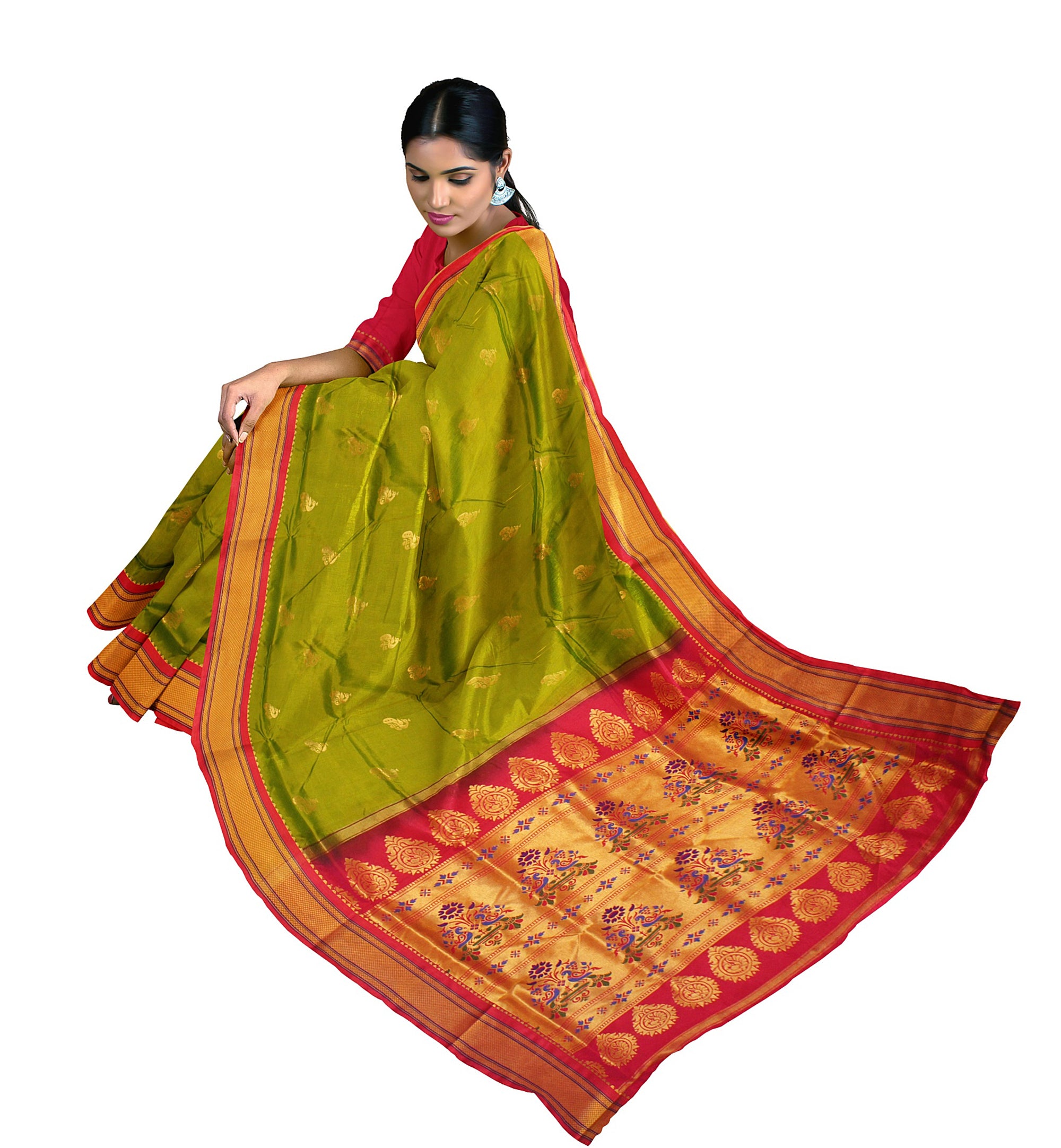 Pure Silk Paithani In Parrot Green